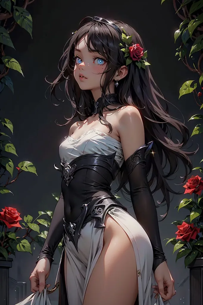 The image is a portrait of a beautiful young woman with long, dark hair and blue eyes. She is wearing a white dress with a black corset and a red rose in her hair. She is standing in front of a dark background with a rose bush next to her.