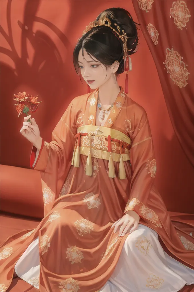 A imagem mostra uma jovem mulher vestindo um hanfu vermelho e dourado, um vestido tradicional chinês. O hanfu é decorado com padrões intrincados e tem uma saia longa e fluida. O cabelo da mulher está preso em um coque e ela está usando maquiagem tradicional chinesa. Ela está sentada em um cetim vermelho e há uma cortina vermelha com um padrão floral ao fundo.