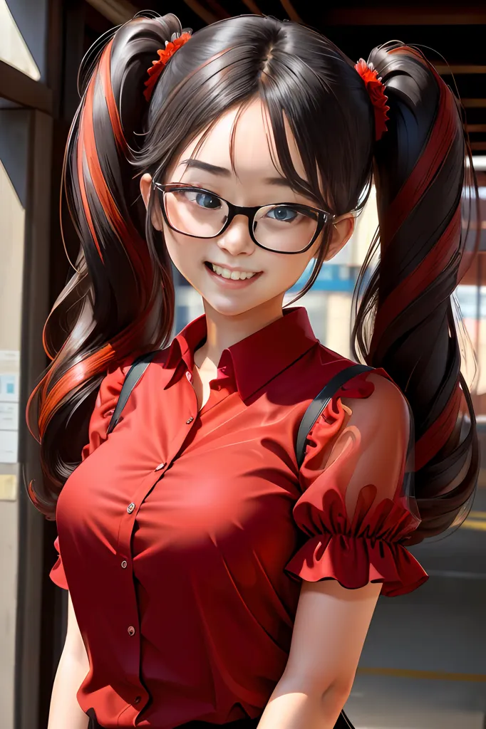 The image shows a young woman with long black hair tied up in two ponytails with red streaks. She is wearing a red button-down shirt with short sleeves and a white collar. The woman is smiling and has a slight blush on her cheeks. She is wearing glasses and has a small black bag on her right shoulder. The background is blurred and looks like a city street.