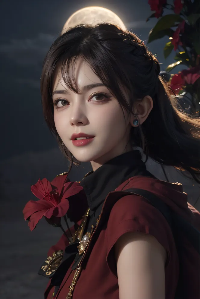 The picture shows a beautiful Asian woman with long dark hair. She is wearing a red cheongsam with a high collar and a white apron. The woman is standing in front of a dark background with a full moon behind her. She has a gentle smile on her face and is looking at the viewer.