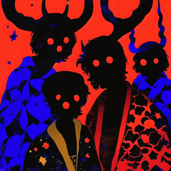 The image is of four figures with demon-like horns. The figures are all black, with glowing red eyes. The background is red, and there are stars and other shapes in the background. The figures are all wearing different clothes, and they all have different hairstyles. The figure on the left is wearing a blue robe with yellow stars on it. The figure in the middle is wearing a black robe with red and blue flowers on it. The figure on the right is wearing a red robe with black and white spots on it. The figure in the front is wearing a black robe with yellow stars on it.