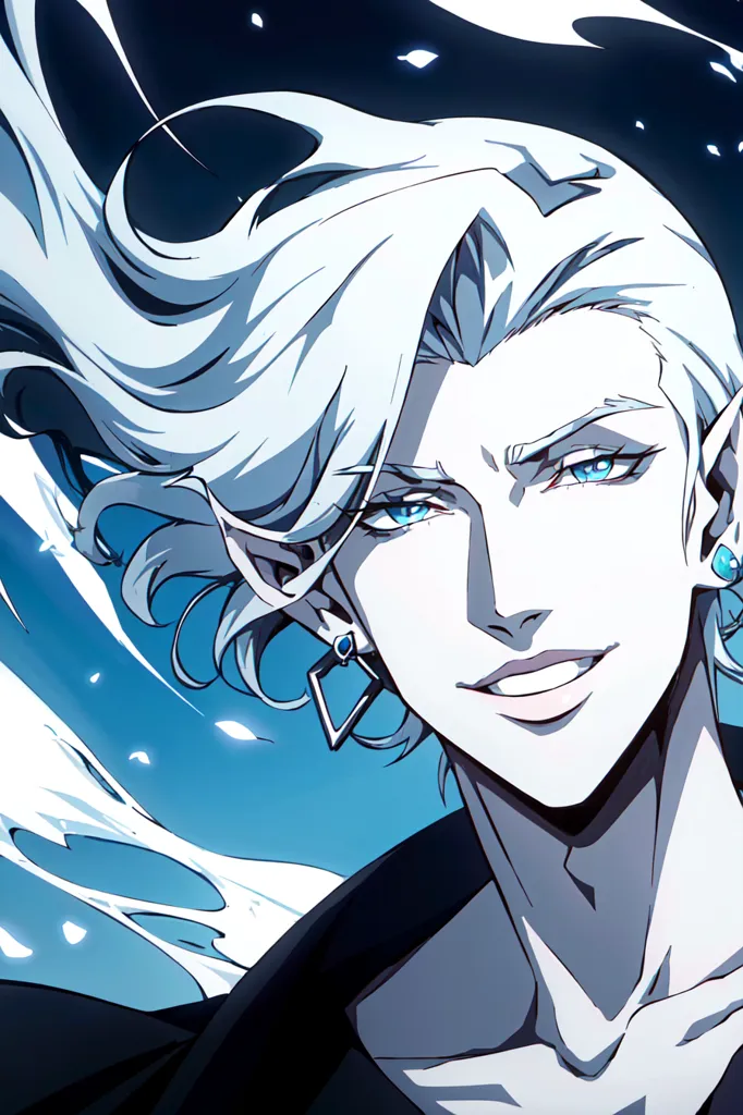 The image is of a beautiful young man with long white hair and blue eyes. He is smiling and has a confident expression on his face. He is wearing a black shirt and has a diamond earring in his left ear. His hair is blowing in the wind and there is a blue background with white splashes around him.