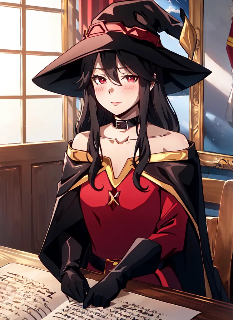 The image is of a young woman with long black hair and red eyes. She is wearing a red and black witch's hat and a red dress with a white collar. She is sitting at a wooden table, reading a book. There is a window to her left and a painting on the wall behind her.