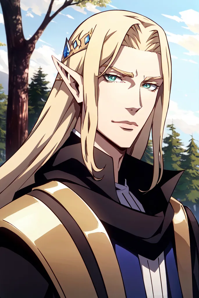 The image shows a male character with blond hair and green eyes. He has pointy ears and is wearing a golden crown. He is wearing a dark blue and gold outfit. He has a serious expression on his face. He is standing in front of a forest.