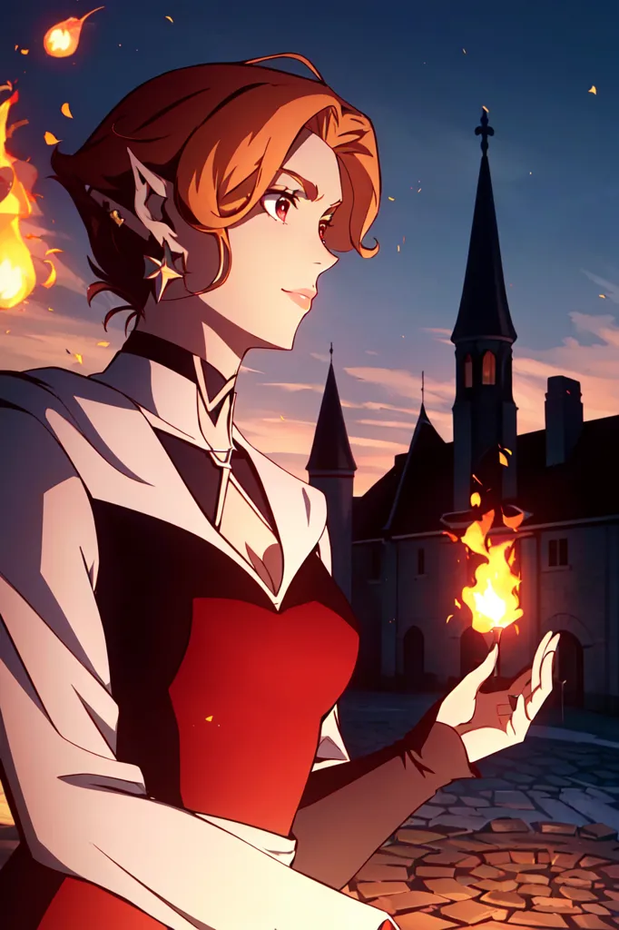 Cette image montre une femme aux longs cheveux rouges et aux oreilles pointues. Elle porte une robe rouge avec un manteau blanc. Elle se tient devant un bâtiment de pierre avec une grande tour. Le ciel est sombre et des flammes s'échappent de sa main.