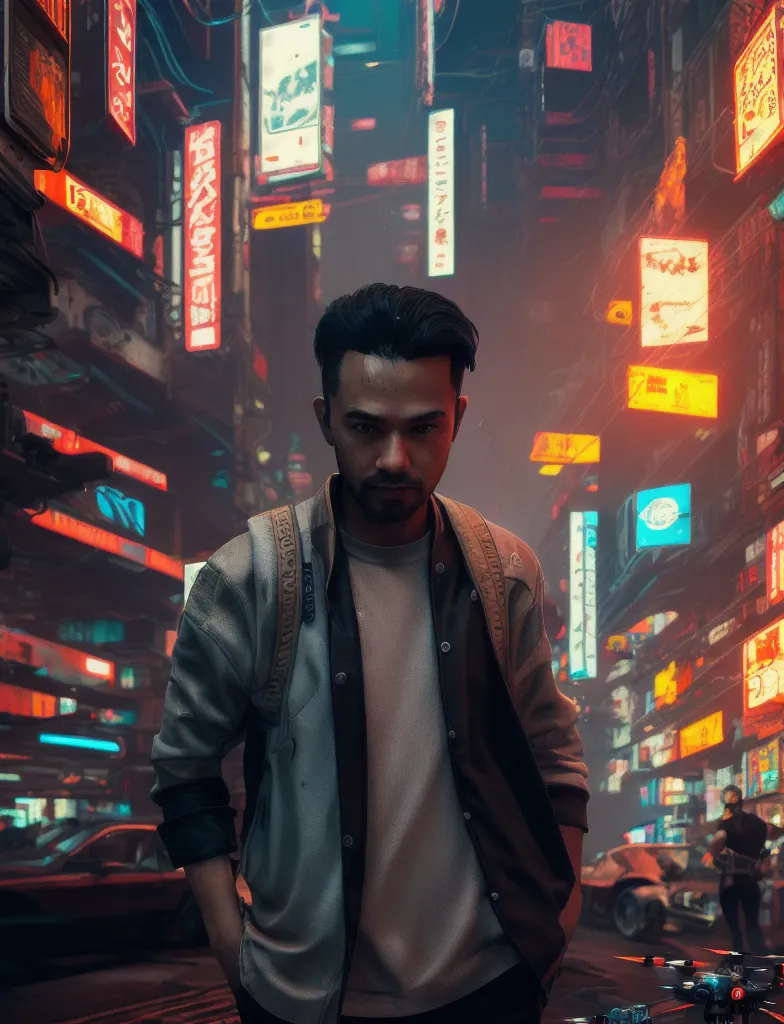 The image shows a man standing in a dark alleyway. He is wearing a white shirt, a black jacket, and a backpack. He has his hands in his pockets and is looking at the camera. The alleyway is lit by red and blue neon lights. There are Japanese characters on the signs on the buildings. The image is in a cyberpunk style.