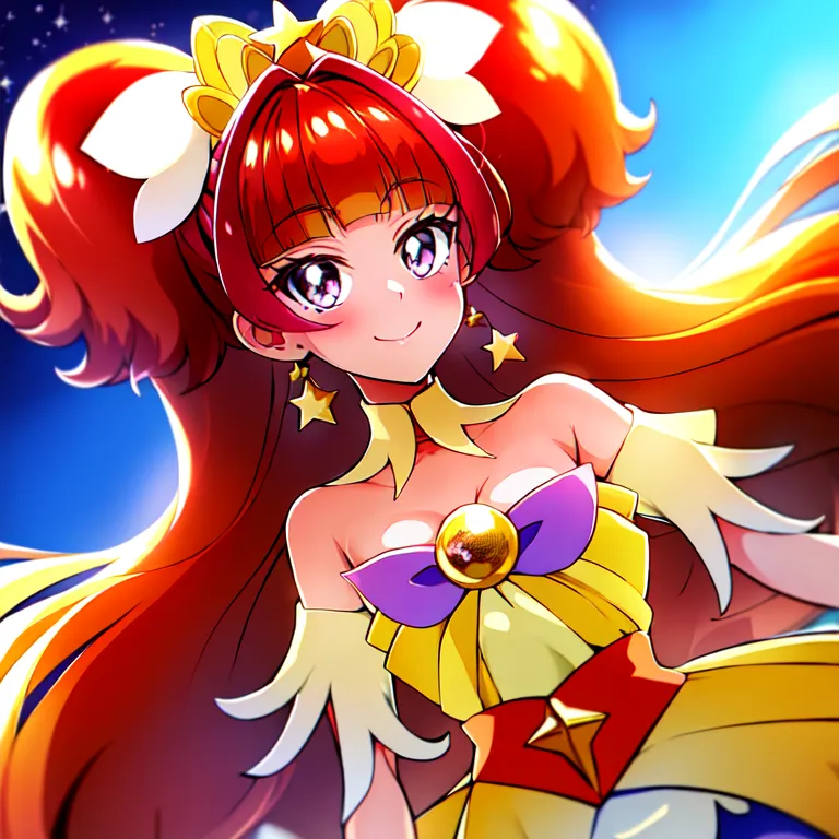 The image is of a young girl with long red hair and purple eyes. She is wearing a yellow and white dress with a large pink bow on her chest. She also has on white gloves and yellow boots. Her hair is done up in two large buns with long orange and yellow tails. She is standing in front of a blue background with a starry night sky. The girl has a smile on her face and her eyes are closed.