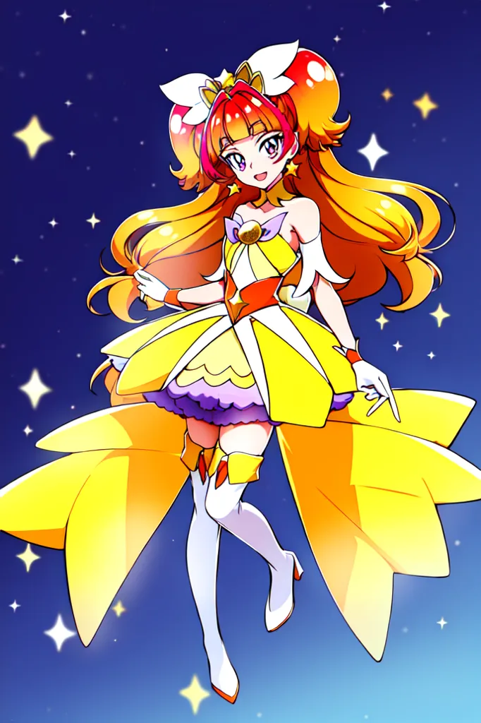 The image shows a young girl with long orange hair and blue eyes. She is wearing a yellow and white dress with a large yellow bow on her chest. She also has on white boots and a pair of yellow wings. She is standing in front of a dark blue background with many stars.