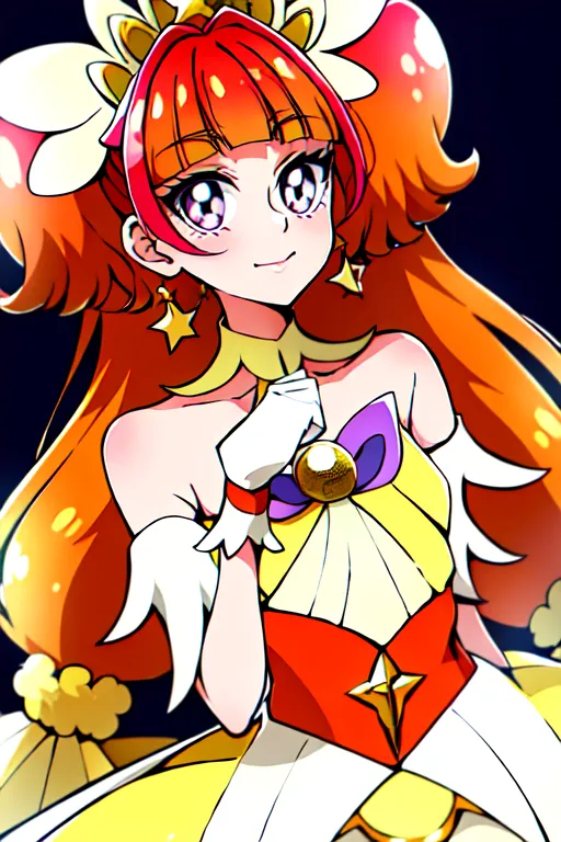 The image shows a young girl with long orange hair and purple eyes. She is wearing a white and yellow dress with a large yellow bow on her chest. She also has on white gloves and yellow boots. Her hair is styled in a way that resembles flower petals, and she has a small yellow star-shaped ahoge on top of her head. She is smiling and has her hands clasped together in front of her chest. She is standing in front of a dark blue background with a starry night sky.