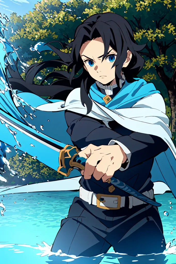 The image shows a young man with long black hair and blue eyes. He is wearing a blue and white outfit and is standing in a river. He is holding a sword in his right hand and is surrounded by water. The background is a forest with green trees. The man is likely a skilled swordsman and is using his sword to control the water.