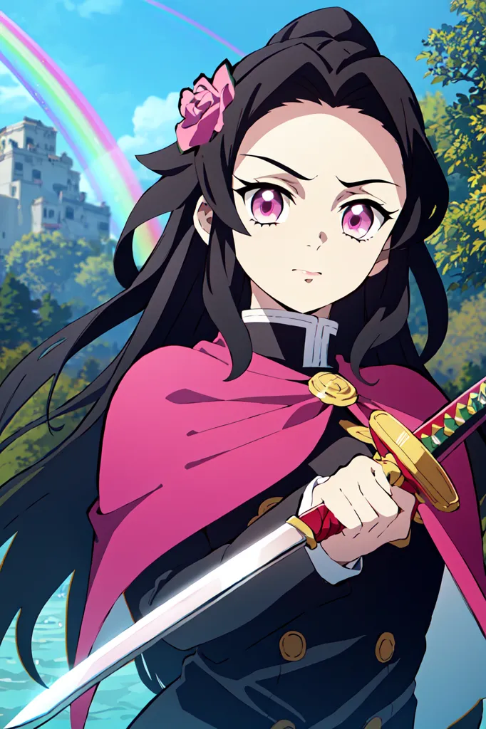 La imagen es de una niña joven con el cabello negro largo y ojos morados. Lleva un kimono rosa y blanco con un obi rojo. También lleva un haori blanco con un degradado rosa y verde en la parte inferior. Sostiene una katana en su mano derecha. Hay un arcoíris de fondo.