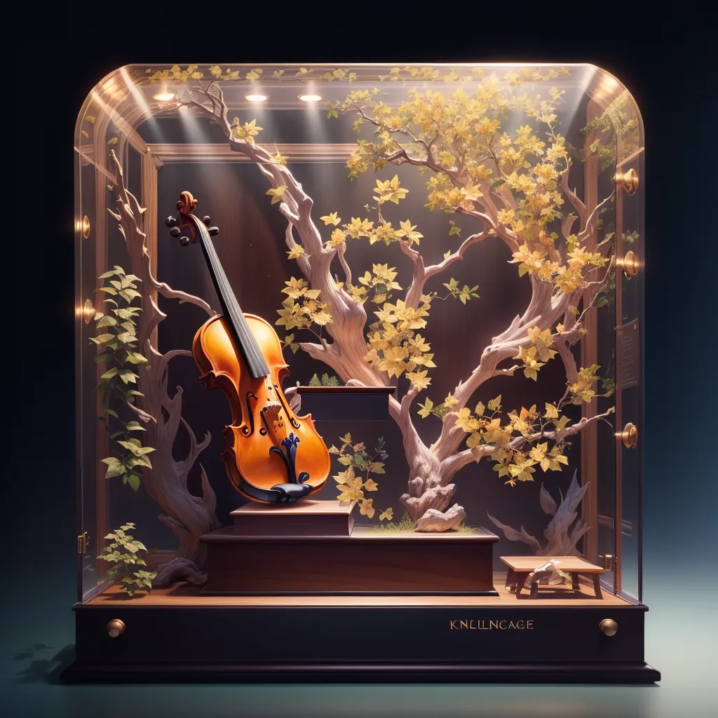 The image is a 3D rendering of a violin inside a glass case. The violin is placed on a wooden pedestal, and there is a small tree with yellow leaves in the background. The case is made of wood and glass, and it has a curved top. There is a small bench to the right of the pedestal. The image is very realistic, and the details are rendered beautifully. The lighting is soft and diffused, and it creates a warm and inviting atmosphere.