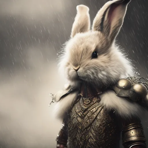 The image shows a rabbit wearing a suit of armor. The rabbit is standing in a forest, and it is raining. The rabbit is looking at the viewer with a determined expression. The armor is made of metal and has a golden sheen. The rabbit is also wearing a cape. The cape is made of fur and is trimmed with gold. The rabbit has a sword in its hand. The sword is made of steel and has a silver blade. The rabbit is also wearing a helmet. The helmet is made of metal and has a golden sheen. The helmet has a visor that is covering the rabbit's eyes. The rabbit is standing in a puddle of water. The water is reflecting the rabbit's image. The image is dark and moody. The only light comes from the rabbit's armor and the sword. The image is very detailed and realistic. The fur on the rabbit's body is especially well-rendered. The image is also very atmospheric. The rain and the dark forest create a sense of danger and foreboding. The image is a very interesting and unique take on the classic rabbit character. It is a great example of how a familiar character can be reimagined in a new and exciting way.