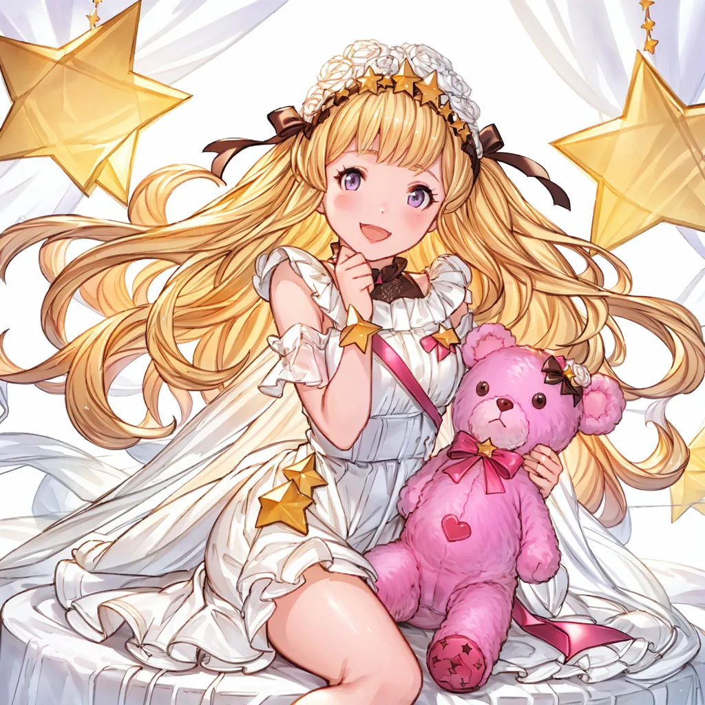 The image shows a young girl with long, flowing blonde hair and purple eyes. She is wearing a white dress with a sweetheart neckline and a tulle skirt. The dress is trimmed with gold ribbon and stars. She is also wearing a large pink bow in her hair and a matching pink teddy bear. The girl is sitting on a white cloud, and there are stars twinkling in the background.