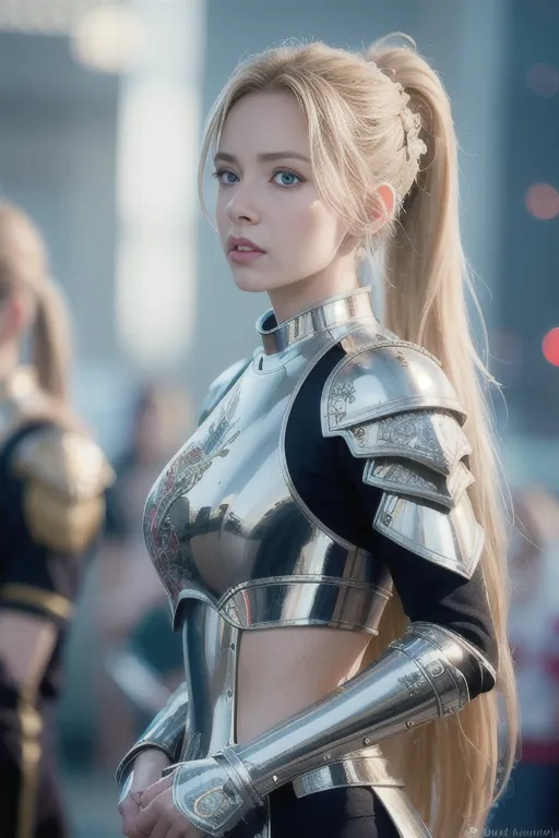 The image is of a young woman in her early 20s. She is wearing a silver metal breastplate and a silver metal pauldron on her right shoulder. The breastplate is decorated with an engraving of a rose. She has a blonde ponytail and blue eyes. She is standing with her left hand on her hip and her right hand holding the pauldron on her shoulder. She is looking at the camera with a serious expression.