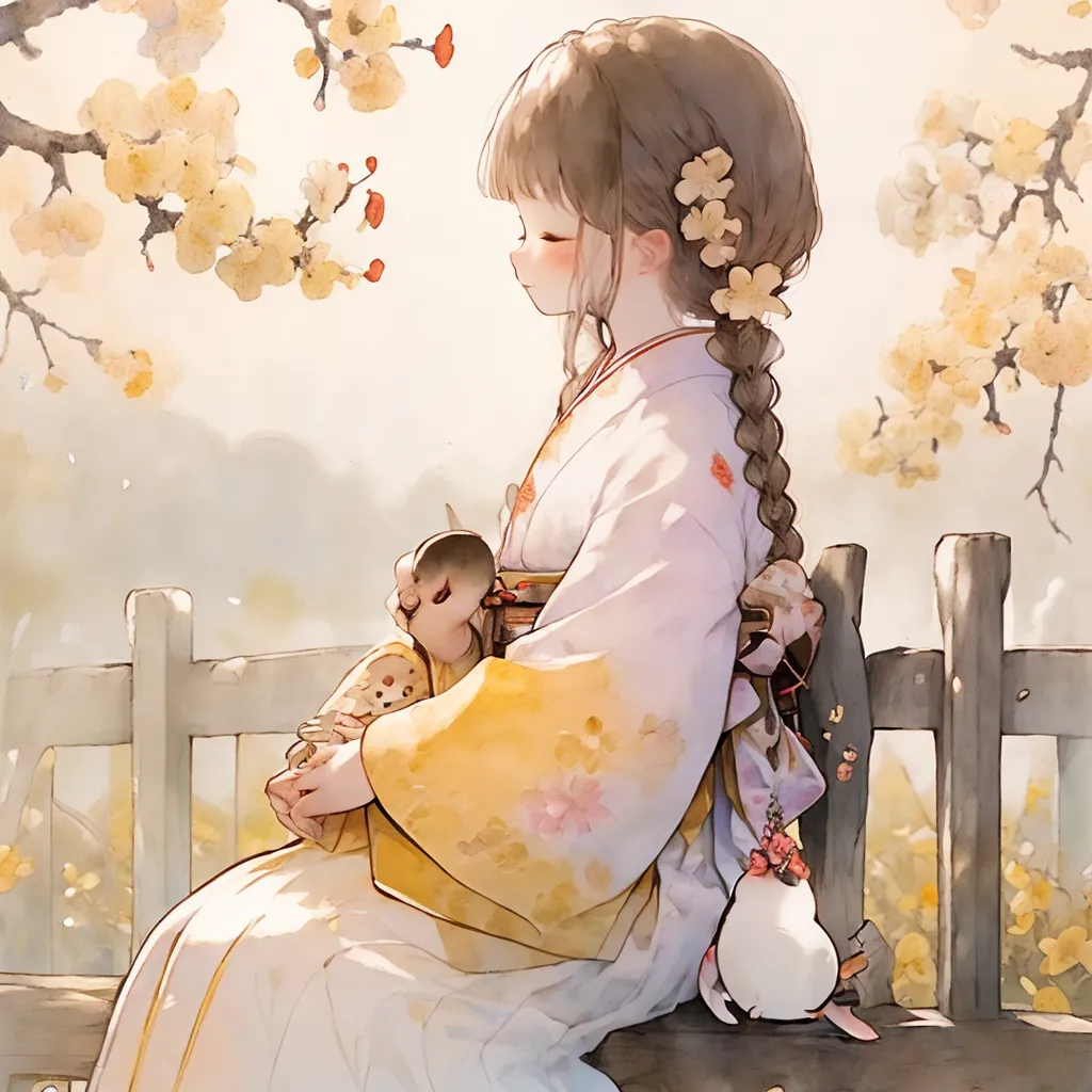 The image is a painting of a young girl in a kimono sitting on a bench in a garden. The girl has long brown hair and brown eyes. She is wearing a white kimono with a yellow obi. The kimono is decorated with a pattern of cherry blossoms. The girl is holding a small white cat in her lap. The cat is looking up at the girl. There are cherry blossom trees in the background. The girl is sitting on a wooden bench. The background is a blur of pink and white cherry blossoms. The painting is done in a realistic style. The colors are soft and muted. The painting is peaceful and serene.