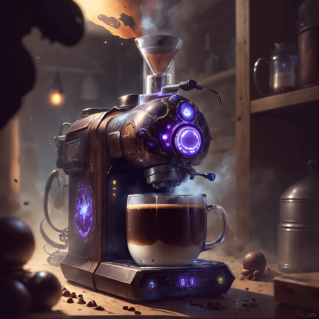 The image shows a futuristic coffee machine. It is made of metal and has a glass carafe. The machine is decorated with blue lights. There is a cup of coffee on the drip tray. The coffee machine is sitting on a wooden table. There are coffee beans scattered on the table.