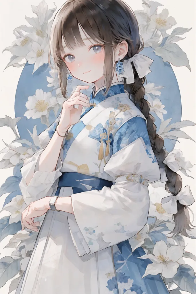 The image is a painting of a young woman in a blue and white cheongsam. She has long brown hair, blue eyes, and a gentle smile. She is standing in a field of white flowers. The background is a light blue circle. The painting is done in a realistic style, and the artist has paid great attention to detail. The woman's hair is delicately braided, and her cheongsam is adorned with intricate patterns. The flowers are also beautifully rendered, and the artist has captured their delicate beauty. The painting is a lovely and peaceful scene, and it is sure to bring a smile to the viewer's face.