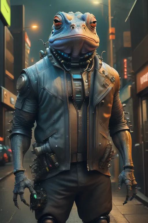 The image is a digital painting of a humanoid frog. It is wearing a black leather jacket and gloves, and has a number of cybernetic enhancements, including a metal plate on its head, a glowing green eye, a respirator, and a number of tubes and wires running along its body. It is standing in a dark alleyway, with a city street visible in the background. The image is rendered in a realistic style, and the frog's expression is one of determination and defiance.