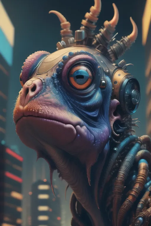 The image is a close-up of a reptilian creature with blue and purple scales. It has a large eye with a yellow iris and black sclera. Its head is adorned with a number of horns and other cybernetic implants. The background is a blurred cityscape with bright lights.