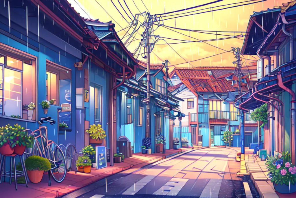 The image is an anime-style street scene. It is raining and the street is wet. There are a few people walking around. The buildings are mostly blue and have a lot of windows. There are also a few trees and plants. The image has a warm and inviting atmosphere.