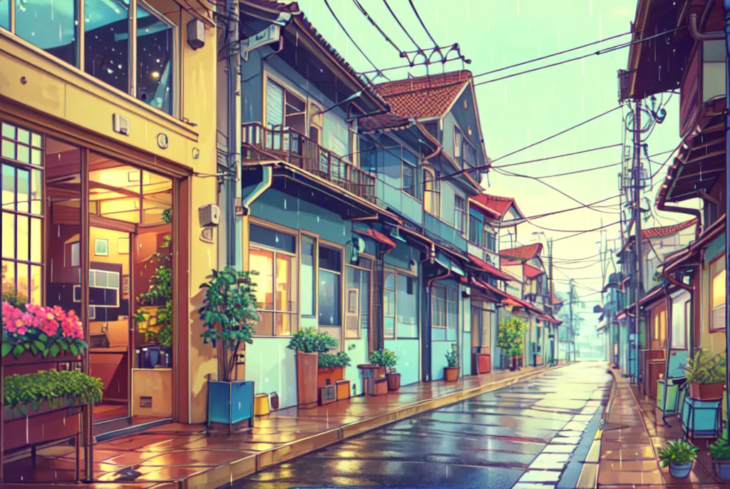 A imagem é uma cena de rua em estilo anime. Está a chover e a rua está molhada. Há algumas pessoas a caminhar na rua com os seus guarda-chuvas. Os edifícios têm na sua maioria dois ou três andares, com lojas no rés-do-chão e apartamentos em cima. Os edifícios são feitos de uma variedade de materiais, incluindo madeira, tijolo e reboco. A rua é ladeada por árvores e há algumas flores a florescer nos canteiros ao longo da calçada. A imagem é pacífica e relaxante.