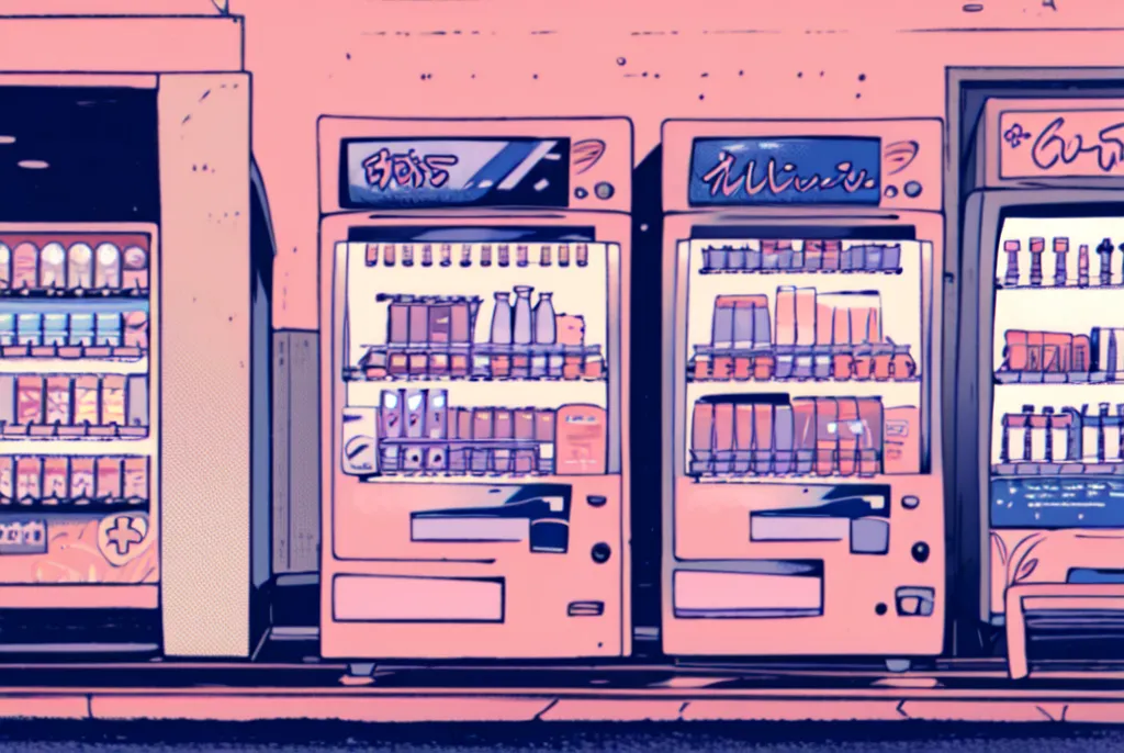 The image shows three vending machines in a row against a pink background. The vending machines are pink and have different items in them. The first vending machine has various drinks, the second has an assortment of snacks and drinks, and the third has a variety of beverages.