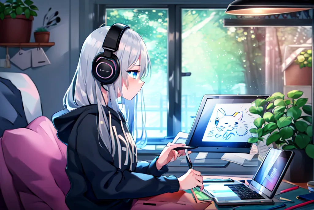 The image shows a girl with white hair and blue eyes sitting at a desk and drawing on a graphics tablet. She is wearing a black hoodie and headphones. There is a laptop, a lamp, and some plants on the desk. The girl is looking at the graphics tablet and seems to be enjoying her work. The background of the image is a window with a view of a forest. The overall atmosphere of the image is peaceful and relaxing.