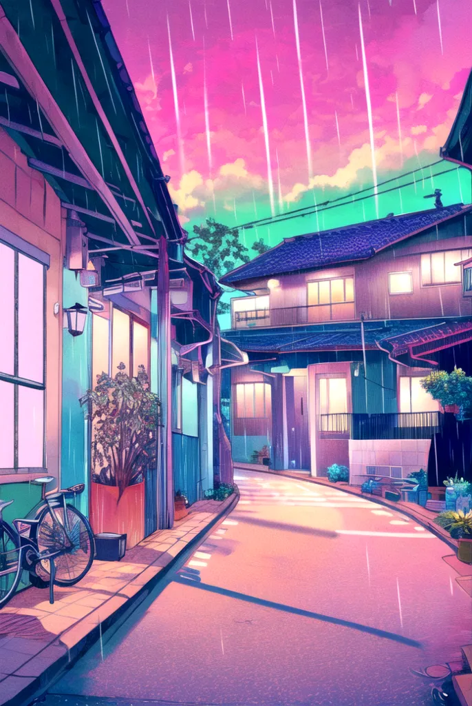 The image is an anime-style street scene. It is raining, and the street is wet. There are a few trees and some plants in pots on the street. There is a bicycle parked against a wall. The buildings are mostly two or three stories tall, with traditional Japanese architecture. The sky is a gradient of pink, purple, and blue, with streaks of light coming down from the sky. The overall atmosphere of the image is peaceful and serene.