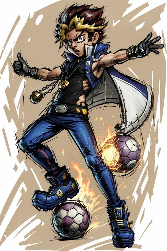 The image is of a young man with spiky brown and yellow hair. He is wearing a black vest, a white cape, and blue pants. He is also wearing gloves and boots. He has a determined look on his face, and he is surrounded by two soccer balls. One of the soccer balls is on fire.