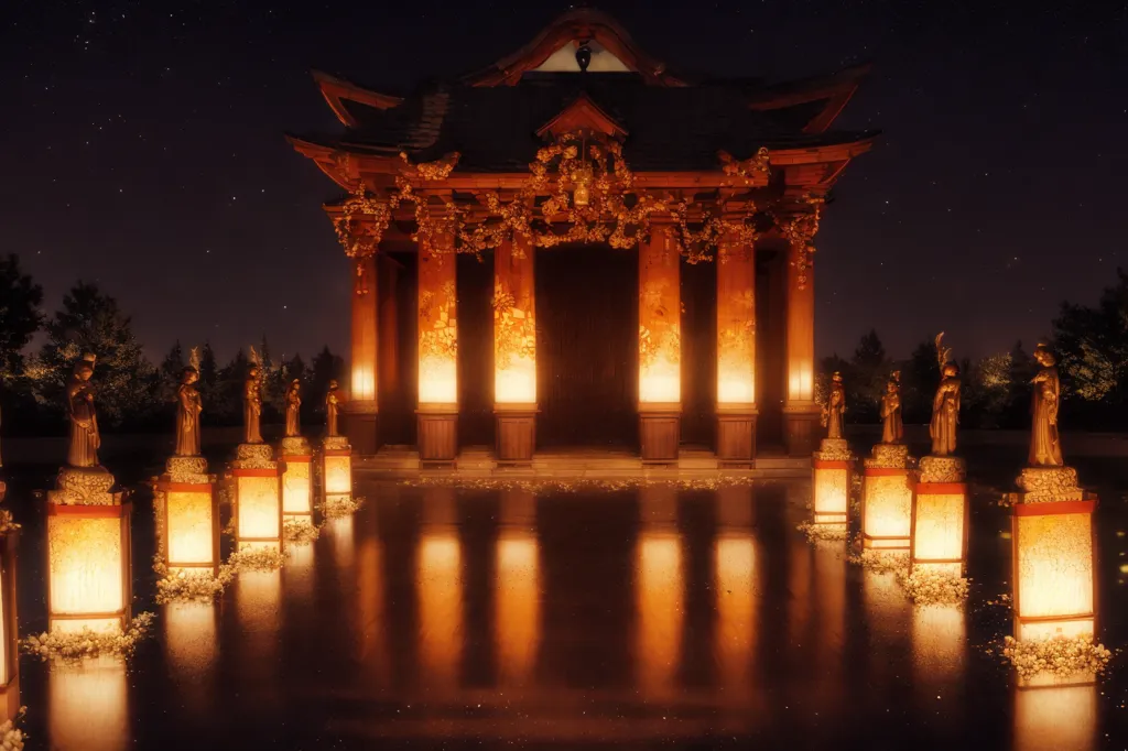 La imagen es una vista nocturna de un templo japonés. El templo está hecho de madera y tiene un diseño tradicional japonés. Está rodeado de árboles y hay varias estatuas de mujeres frente a él. El templo está iluminado por linternas y el reflejo de las linternas en el agua crea una escena hermosa. El cielo nocturno está oscuro y hay estrellas brillando en la distancia.