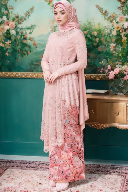 The image shows a woman wearing a pink hijab and a pink dress. The dress is made of lace and has intricate beading. The woman is also wearing a belt. The outfit is very elegant and would be perfect for a formal occasion.