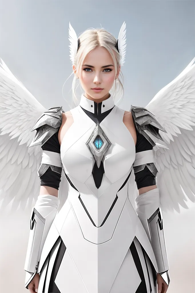 The image is of a beautiful woman with long blonde hair and blue eyes. She is wearing a white and silver armor with a blue crystal in the center. She has large white wings and is standing in a confident pose. The background is a white sky with a few clouds.