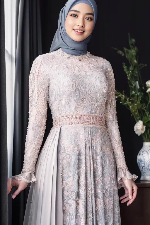 La imagen muestra a una mujer joven que lleva un hermoso vestido. El vestido es blanco y tiene bordados florales intrincados. La mujer lleva un hiyab que combina con el color del vestido. También lleva un collar y pendientes. La mujer está de pie frente a una ventana. Hay flores en la mesa junto a ella. La mujer tiene una sonrisa en su rostro. Está feliz y satisfecha.