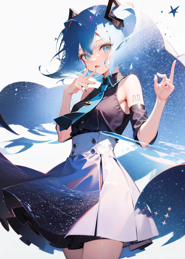 This is an illustration of a young woman with long blue hair and blue eyes. She is wearing a black and white dress with a blue tie and a white collar. She is also wearing a pair of black boots. She is standing in a starry sky, and she is surrounded by clouds. She is smiling and has her right hand up in the air.