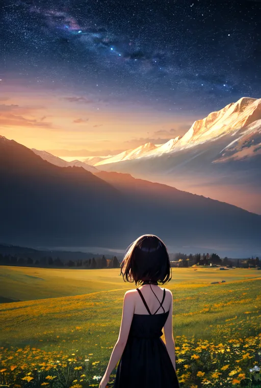 The image is of a girl standing in a field of flowers, looking out at a mountain range. The sky is dark, and there are stars and a hint of the Milky Way in the sky. The girl is wearing a black dress, and her hair is short and dark. She is standing in a field of yellow flowers, and there are trees and mountains in the distance. The image is peaceful and serene, and it captures the beauty of nature.