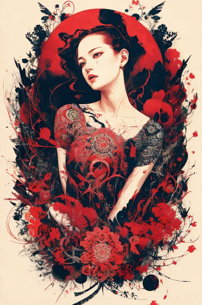 This image is a painting of a woman with long black hair and red eyes. She is wearing a red dress with a black lace overlay. The dress is low-cut, showing off her shoulders and chest. The woman is standing in front of a red background, and there are red flowers painted around her. The painting has a dark and romantic feel to it.