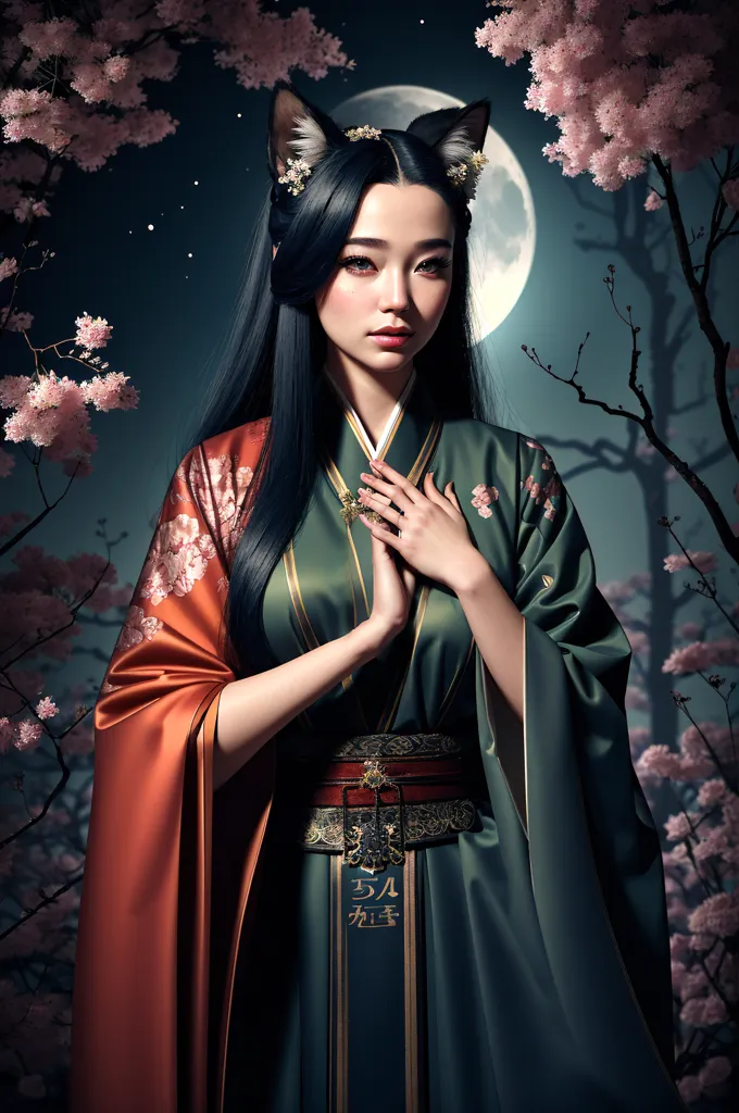 The image is of a beautiful Asian woman with long black hair and cat ears. She is wearing a traditional Japanese kimono with a red and white floral pattern. The kimono is tied with a wide obi sash. She is standing in a forest of cherry trees, and the petals are falling around her. The full moon is in the background.