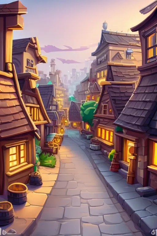 The image is a street in a medieval town. The street is made of cobblestones and lined with half-timbered houses. The houses have wooden beams and whitewashed walls. There are a few people walking on the street, including a woman in a blue dress and a man in a brown cloak. There is a tree in the middle of the street with a bench next to it. A few barrels are sitting outside one of the houses. The sky is blue with some puffy white clouds.