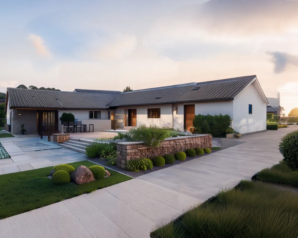 The image shows a modern house with a minimalist design. The house is white and has a large glass window. The front door is made of wood. The house is surrounded by a garden with a lot of plants and trees. There is a path leading up to the house. The sky is blue and there are some clouds in the sky. The sun is shining. The image is very peaceful and serene.