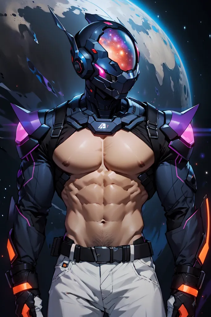 Esta é uma imagem de um homem em um traje espacial futurista com o capacete ligado. Ele está em pé diante de um planeta azul com um fundo estrelado. Ele é musculoso e tem cabelos brancos curtos. Ele está usando um traje preto e roxo com luzes laranjas nos braços e no peito. Ele tem uma arma na mão direita.