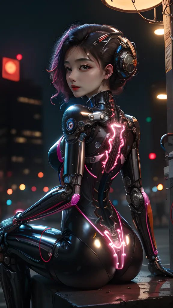 The image is a portrait of a young woman with pink hair and purple eyes. She is wearing a black bodysuit with pink highlights and has a number of cybernetic enhancements, including a robotic arm and leg, as well as a glowing pink spine. She is sitting on a railing in a dark urban environment with a city in the background.