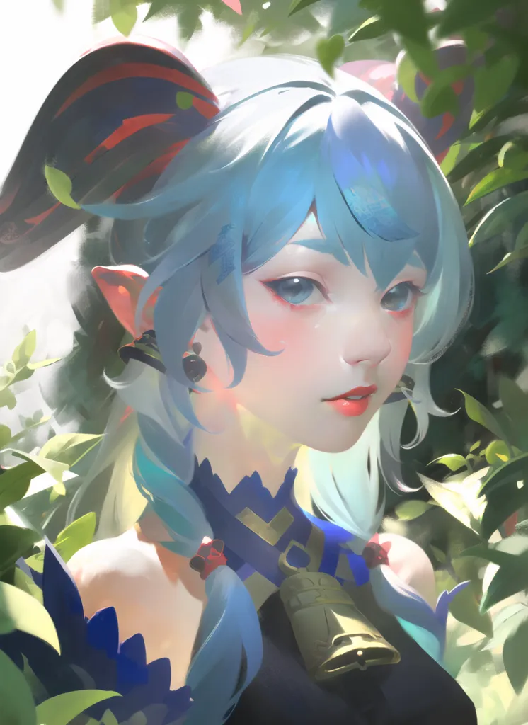 The picture shows a young girl with blue hair and eyes. She has long, pointed ears and is wearing a blue and white outfit. She is standing in a forest, and there are green leaves all around her. The girl has a serious expression on her face, and she is looking at the viewer with her head tilted a bit downwards at an angle.