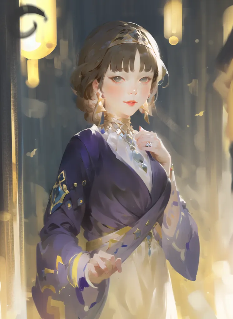 この画像は、茶髪で紫の瞳の若い女性の絵画です。彼女は紫と白のドレスに白のサッシュ、そして金のネックレスを身に着けています。背景には丸い光が複数あります。女性は濃い青い背景の前に立っており、金の幕が見えます。