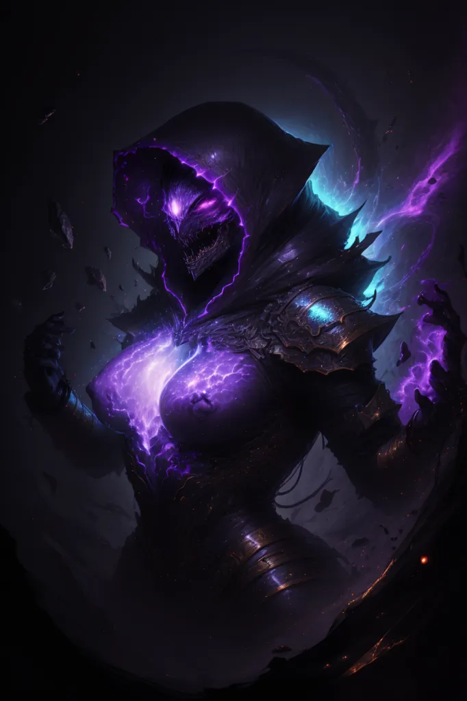 The image is a dark figure with a purple glow. The figure is wearing a hood and has a skull-like face. It is surrounded by purple energy and has a glowing purple orb in its chest. The figure is standing in a dark void with a dark purple background.