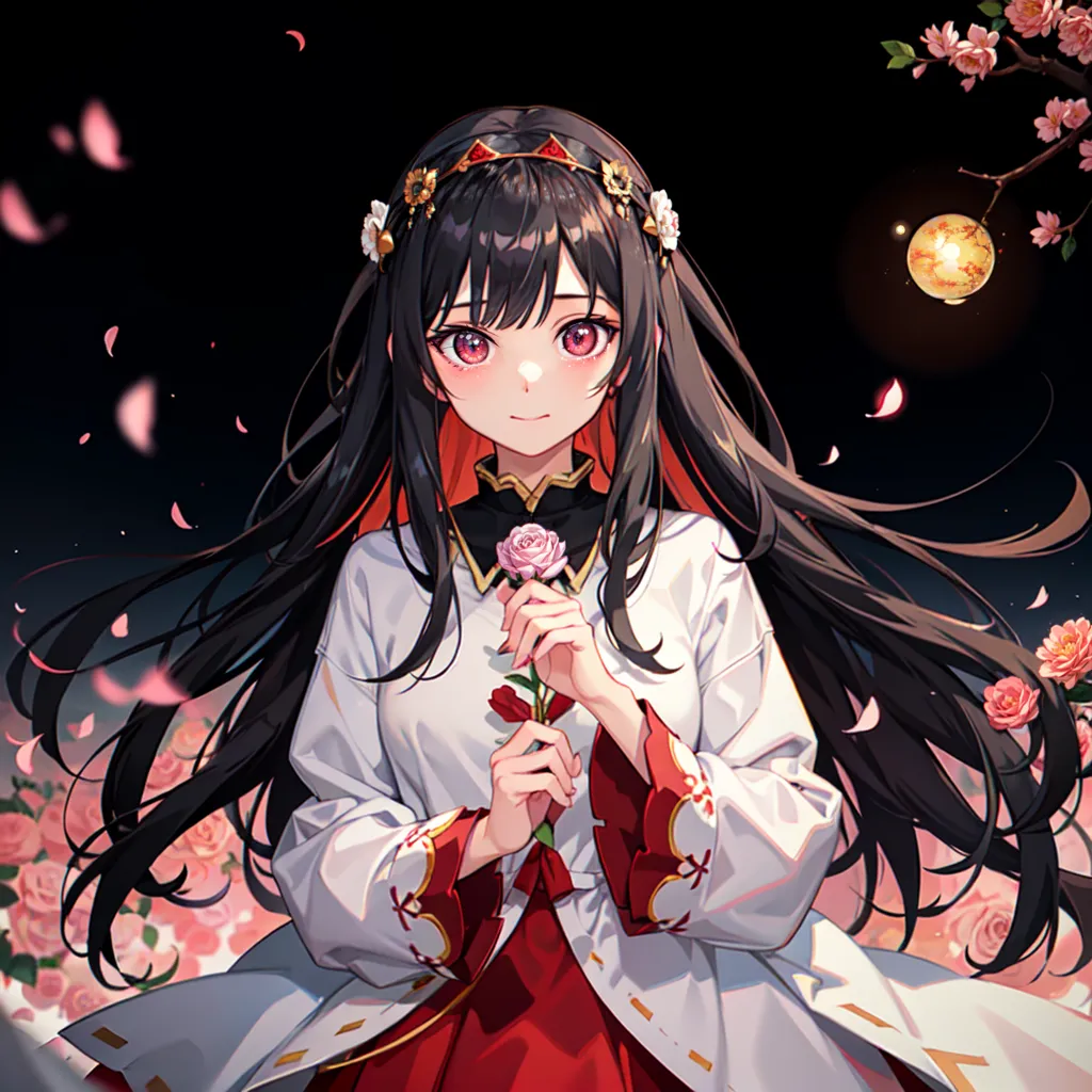 The image is of a young woman with long black hair and red eyes. She is wearing a white and red dress with a pink rose in her hand. She is standing in front of a dark background with a pink moon and cherry blossoms.