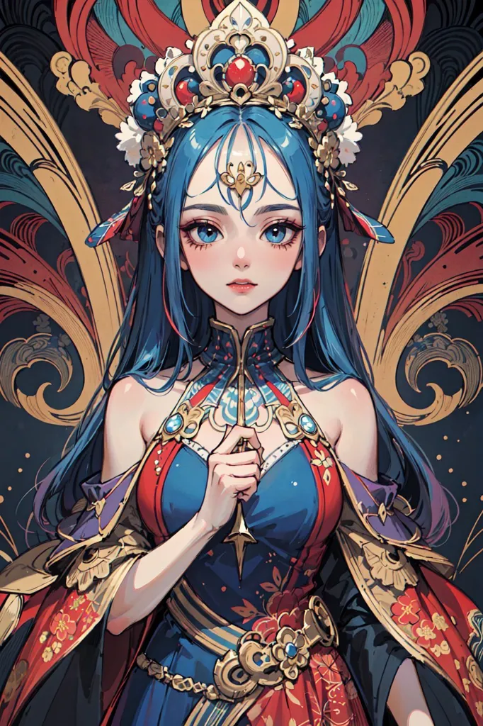 This is an image of a woman with long blue hair wearing a red and blue cheongsam-style dress with gold accents. She is also wearing a necklace, earrings, and a hairpiece with a red jewel in the center. The background is a dark red with gold accents.