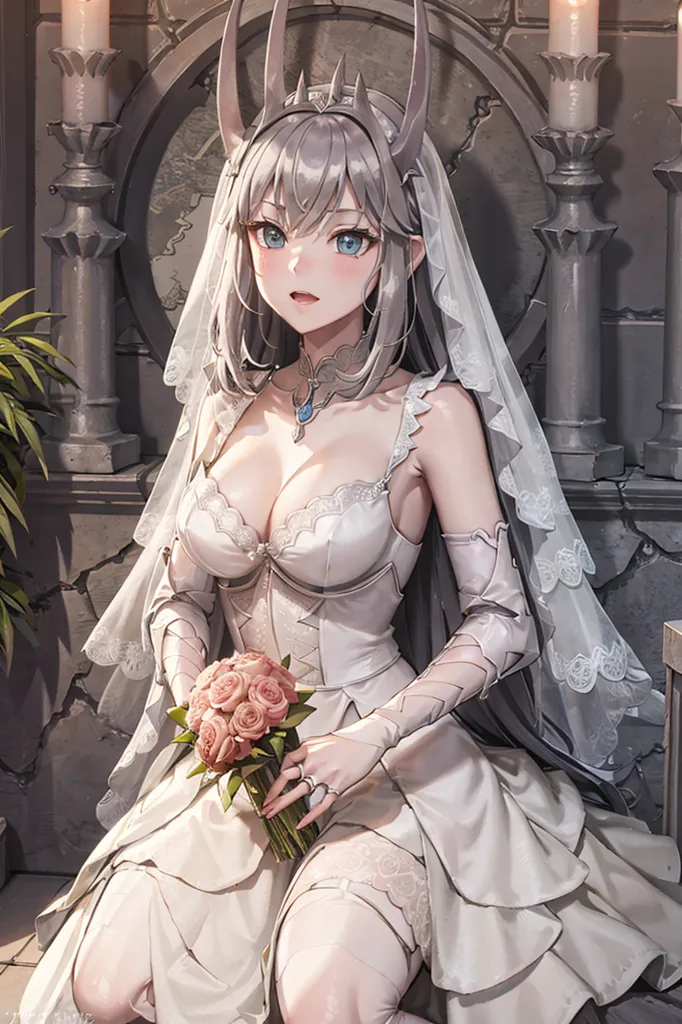 La imagen es de una hermosa chica de anime con cabello plateado largo y ojos azules. Ella está usando un vestido de novia blanco con un escote de corazón y una falda amplia. El vestido está adornado con encaje y perlas. También está usando un velo blanco largo. Ella está sentada en un banco de piedra frente a una pared de piedra. Hay dos velas a cada lado de ella. Ella está sosteniendo un ramo de rosas rosadas. Tiene una sonrisa tímida en su rostro.