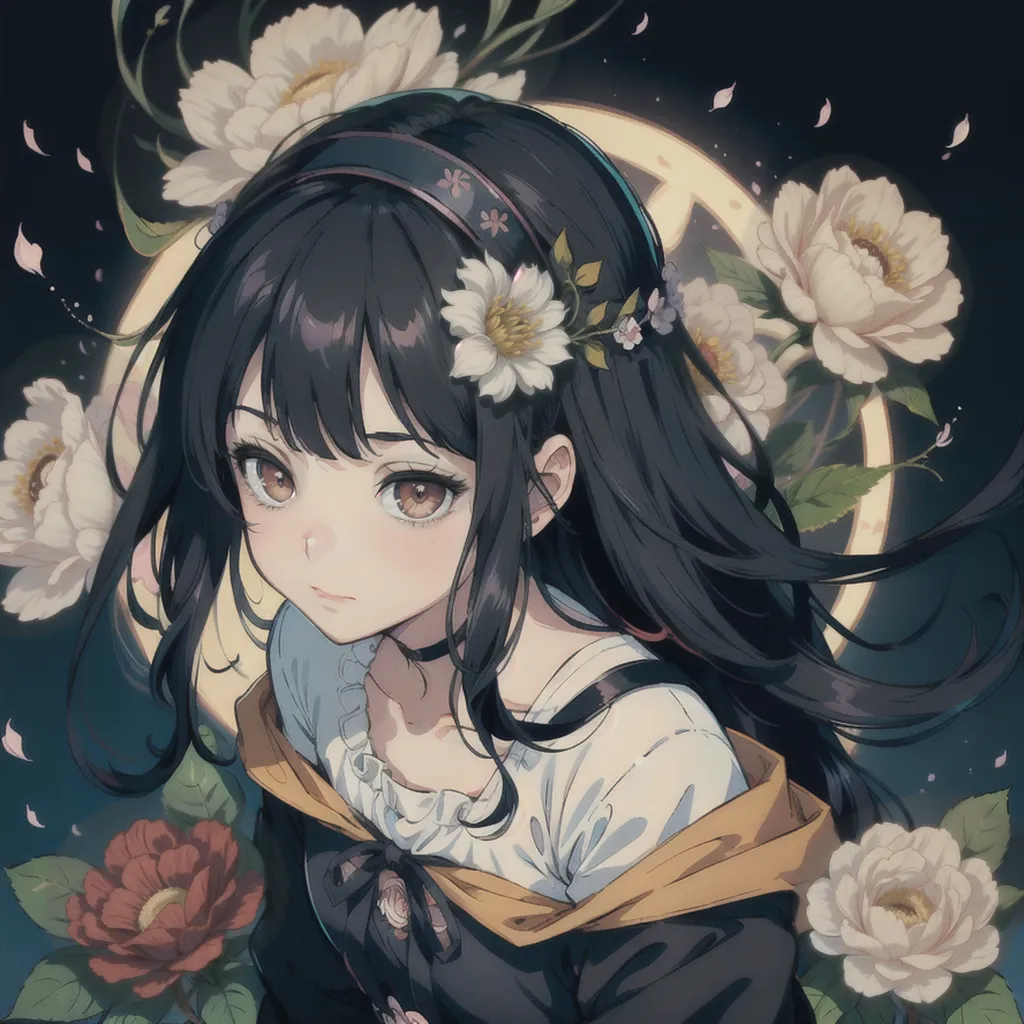 The image is a portrait of a young woman with long black hair and brown eyes. She is wearing a white dress with a black cape. There are flowers in her hair and around her neck. The background is dark with a crescent moon. The image is drawn in an anime style.