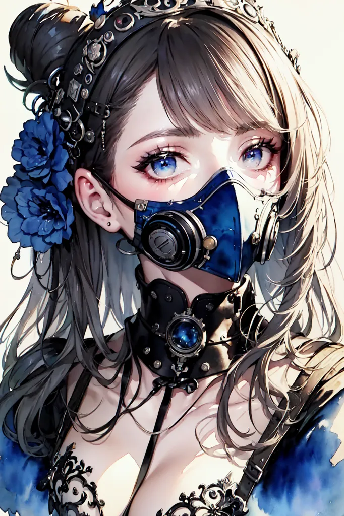 Ceci est une image d'une fille aux cheveux bruns et aux yeux bleus. Elle porte un masque à gaz bleu et un choker bleu avec une pierre bleue au centre. Elle a une fleur bleue dans les cheveux et il y a également plusieurs engrenages et rouages dans ses cheveux. Elle porte une tenue noire et bleue.